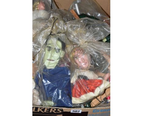 A BOX CONTAINING A PELHAM PINOCCHIO PUPPET AND ELEVEN HOMEMADE PUPPETS, Pinocchio unboxed, the other puppets, include a drago