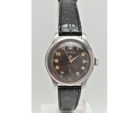 A 'CYMA' DIRTY DOZEN WRISTWATCH, hand wound movement, round brown dial, signed 'Cyma' with broad arrow, Arabic numerals, subs