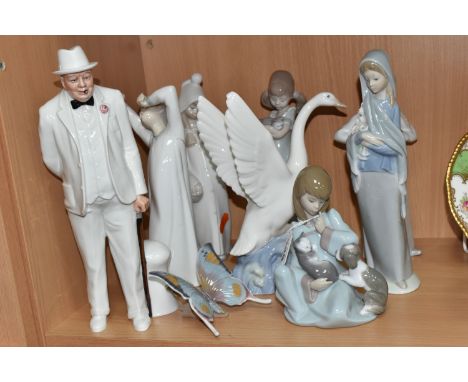 SEVEN LLADRO FIGURES, A NAO DUCK AND A ROYAL DOULTON 'SIR WINSTON CHURCHILL' HN3057, A.F., the Lladro to include a butterfly,