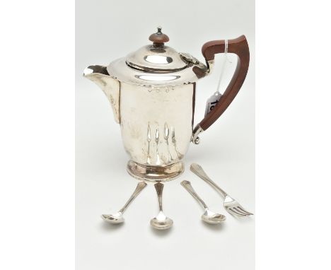 A SILVER HOT WATER JUG AND CUTLERY, polished jug with wavy rim and hinged cover, fitted with a wooden handle and finial, hall