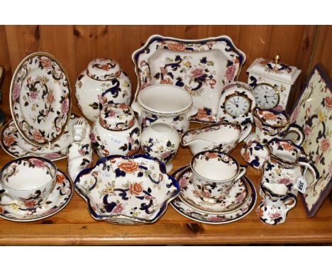 A LARGE QUANTITY OF MASON'S MANDALAY PATTERN TABLEWARE, comprising a fruit bowl (cracked and crazed), two mantel clocks, two 