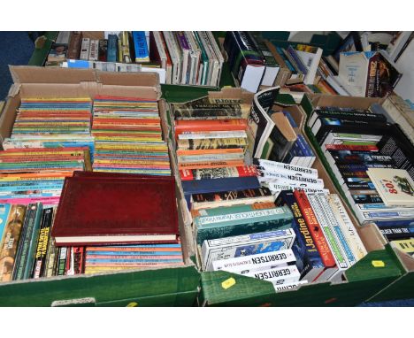 FIVE BOXES OF ASSORTED FICTION AND NON FICTION BOOKS, to include a box of vintage Penguin books, modern fiction by Nick Louth