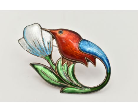 A NORWEGIAN 'DAVID ANDERSEN' BROOCH, designed as a hummingbird and flower, guilloche enamel detail in blue, red green and whi