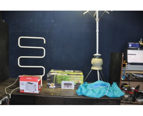 A SELECTION OF HOUSEHOLD ELECTRICALS including a Dri Buddi rotary electric clothes dryer, a heater towel rail (both PAT pass 