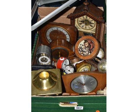 ONE BOX OF CLOCKS, to include three mid-century wooden mantel clocks, a collection of alarm clocks, travel alarm clocks, a Fr