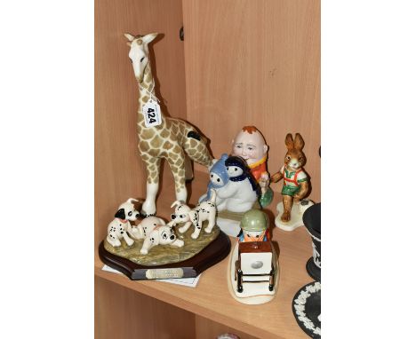 SIX ROYAL DOULTON, WADE, GOEBEL AND OTHER FIGURES, comprising a Royal Doulton 'Disney's 101 Dalmatians - Patch, Rolly and Fre