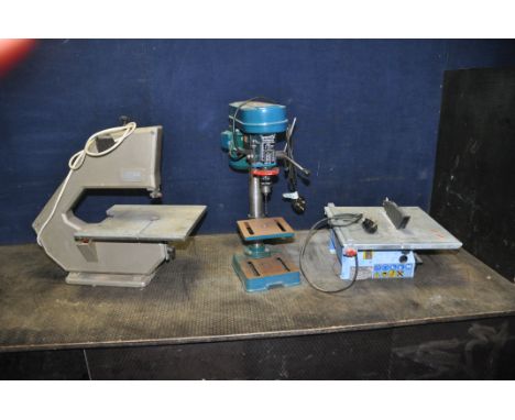 A BLACKSPUR PILLAR DRILL height 58cm, an unbranded Tile saw (both PAT pass and working) and a vintage Burgess band saw (PAT f