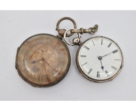 TWO POCKET WATCHES, both key wound movements, the first a silver pocket watch, with a round white Roman numeral dial, worn en