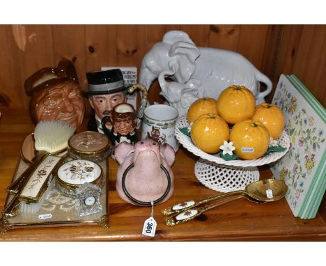 A GROUP OF NAMED CERAMICS AND ORNAMENTS, comprising a large Royal Doulton D5327 'John Barleycorn' character jug, 'City Gent' 