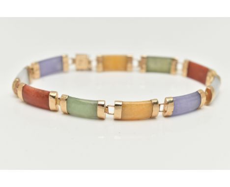 A 9CT GOLD, JADE LINE BRACELET, designed with a row of ten vary colour jade links, lavender, white, red, green and yellow, ea