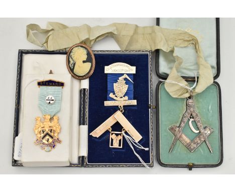 FOUR MASONIC ITEMS, to include a silver Irish Masonic past masters jewel suspended from ribbon, designed as a square and comp