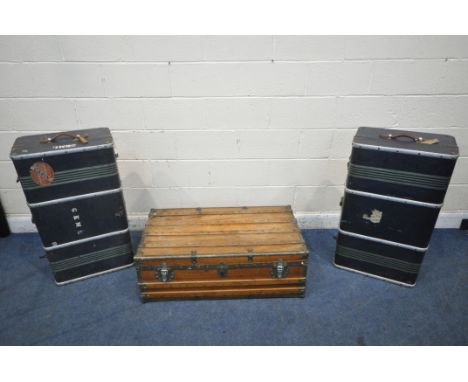 A METAL BANDED WOODEN TRUNK, with twin leather handles, width 101cm x depth 57cm x height 45cm, along with a pair of dark blu