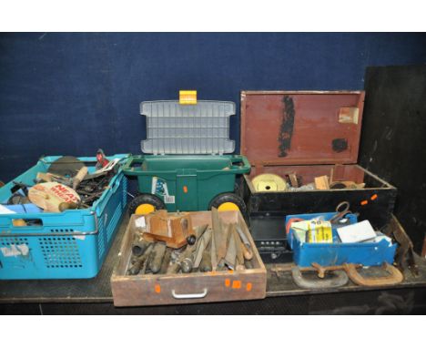 A WOODEN BOX, A TRAY AND TWO PLASTIC BOXES CONTAINING TOOLS including files, rasps, taps and dies with wrenches, two Record G