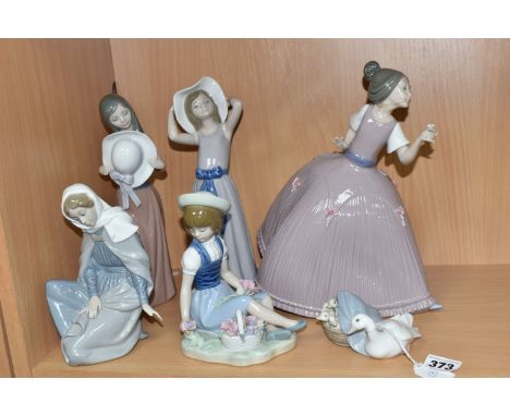 A GROUP OF SIX LLADRO AND NAO FIGURES, comprising 5120 'Girl In Pink Dress' (cracked and reglued head),  'Bashful Girl' 5007,