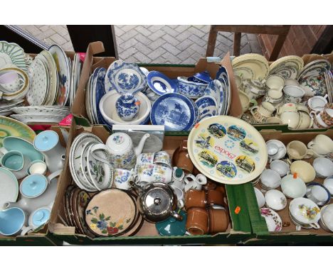 SIX BOXES OF CERAMICS, to include Burleigh Ware tea set,  Jerome Massier floral tea plates, Denby tea set, a blue and white P