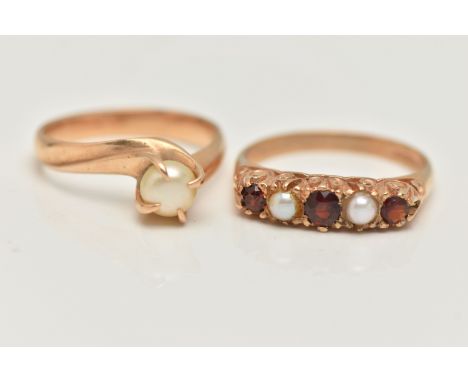 TWO GEM SET RINGS, the first a 9ct gold garnet and seed pearl five stone ring, scrolling detail to the gallery, yellow gold s