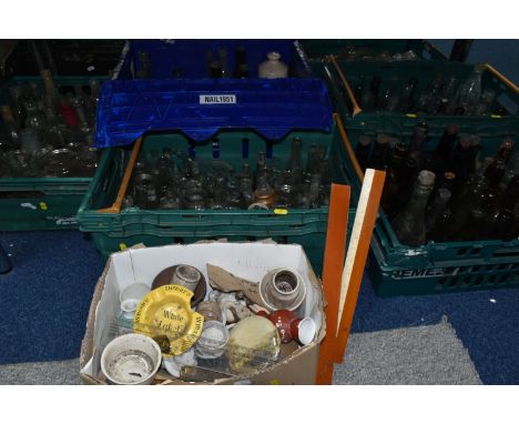 SIX BOXES OF VINTAGE AND ANTIQUE GLASS BOTTLES AND JARS ETC, bottles include Dinneford's Magnesia, W. Murphy of Huddersfield 