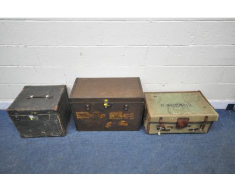 A SMALL CANVAS HAT TRUNK, with leather corners and handle, width 47cm x depth 43cm x height 40cm, a rectangular traveling cas