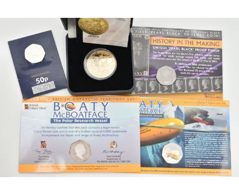 FIVE COINS, to include a boxed 2009 Tristan Da Cunha, silver and gold plated Charles Darwin five pound coin, with fitted box 