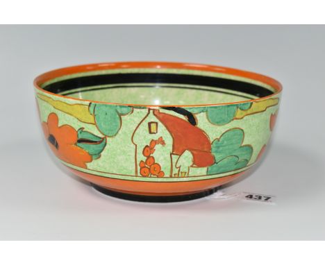 A CLARICE CLIFF 'CAFÉ AU LAIT' RED ROOFS BOWL, diameter 21cm orange, blue and brown banding, black printed backstamp partiall