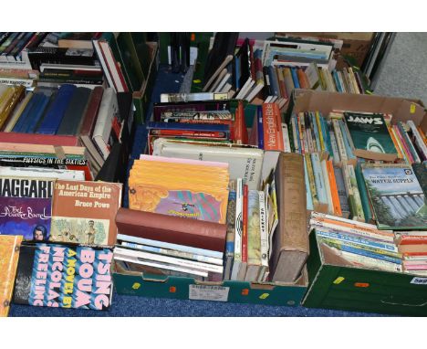 SIX BOXES OF ASSORTED BOOKS, over one hundred books to include a quantity of mid-century Penguin paperbacks, Pan paperbacks, 