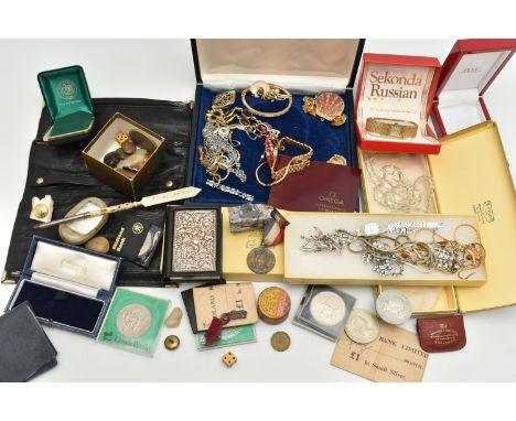 A BOX OF ASSORTED COSTUME JEWELLERY AND ITEMS, to include a boxed imitation pearl necklace, paste necklace, chains, bangle, s