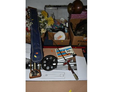 FOUR BOXES AND LOOSE MISCELLANEOUS SUNDRIES, to include  brass ornaments, artificial flowers, a collection of nail polish, vi
