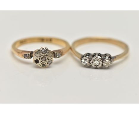 TWO DIAMOND RINGS, the first a three stone diamond ring, three single cut diamonds, prong set in white metal, leading on to a