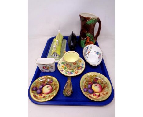 A tray of pair of Aynsley fruit decorated shallow dishes, Aynsley Pembroke bowl, Poole dolphin, Coalport Anne Hathaway's cott