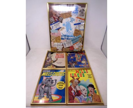 A montage of 20th century circus ticket stubs and ephemera in frame together with four Bertram Mills circus tour advertisemen