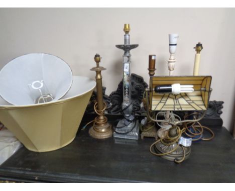 A banker's lamp with leaded glass shade together with five further table lamps (two with shades)