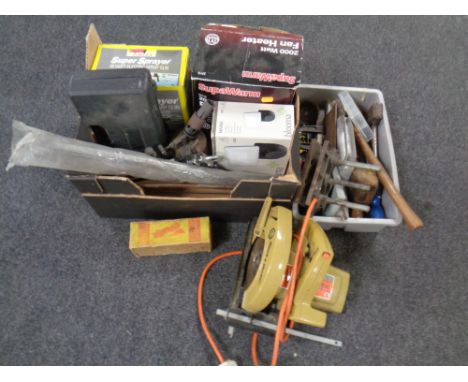 A box and crate of hand tools, Black and Decker circular saw, vintage blow lamp, LED lights, spray gun etc 