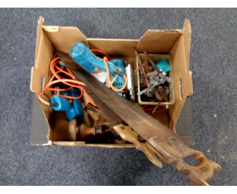 A box of vintage hand tools, power tools, drill bits etc 