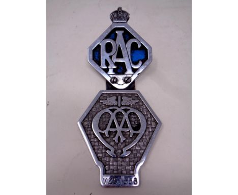 Two vintage car badges, AA and RAC.