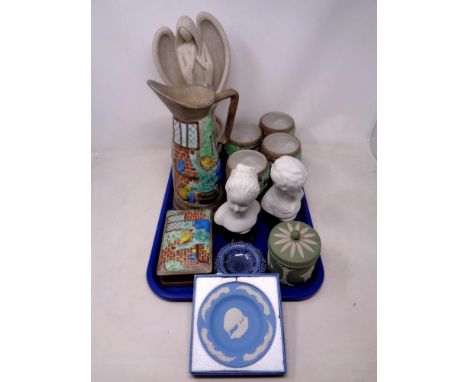 A tray of J Wood Burslem jug with four matching goblets, lidded trinket box, pair of busts, Wedgwood Jasperware, Leonardo Col