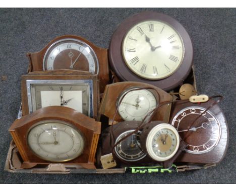 A box of 20th century and later mantel clocks, alarm clock, quartz wall clock etc 