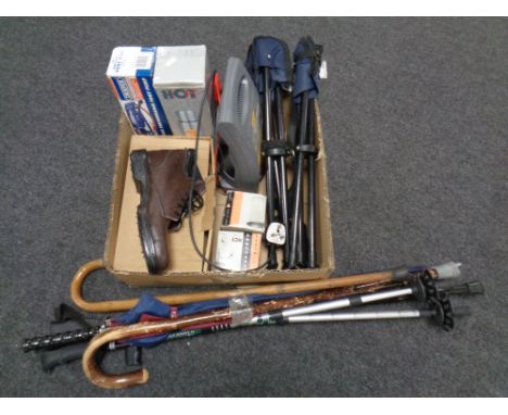 A box of steel toe capped boots, flask, foot pump, walking sticks, umbrellas etc 