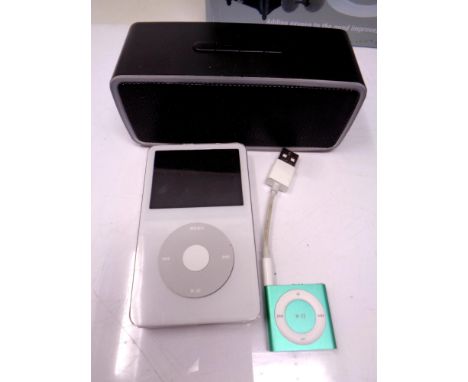 An Apple Ipod 60 gb, Blu tooth speaker, assorted headphones and leads 