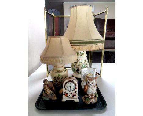 A tray of Masons Mandalay mantel clock, Beatrix Potter ornament, two pottery table lamp, bird ornaments and a brass fire scre