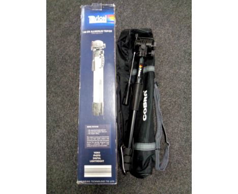 A Tevion 156 cm aluminium tripod in box, together with a further telescopic Prisma camera stick in carry bag 