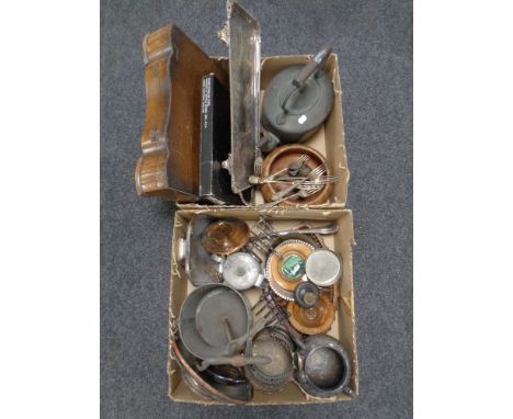 Two boxes of antique and later metal wares, Victorian copper kettle, cutlery canteen, plated tea ware, toast racks, vintage p