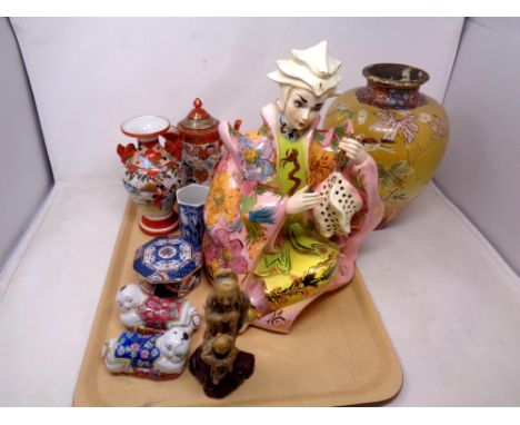 A tray of oriental wares, vases, teapot, trinket box, figures, Italian ceramic Geisha figure 
