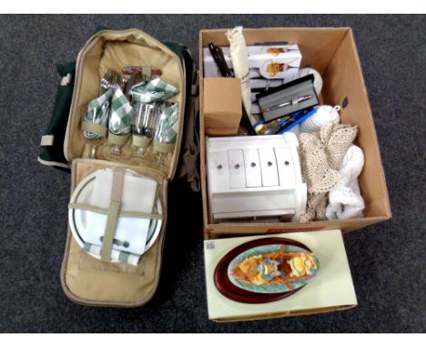 A box of jewellery box, table linen, Yamaha recorder, darts, eye glass, Shillingsbury ornament, picnic bag