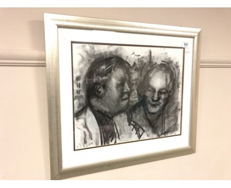 Contemporary School : Portrait of Two Gentlemen, black wash, indistinctly signed in pencil, 34 cm x 42 cm, framed. 