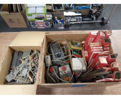 A box of Hornby Dublo track, power control units, Piko wagon, miniature figures, vintage Lurpak box, buildings etc 