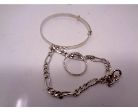 A child's silver bangle, ring and bracelet 