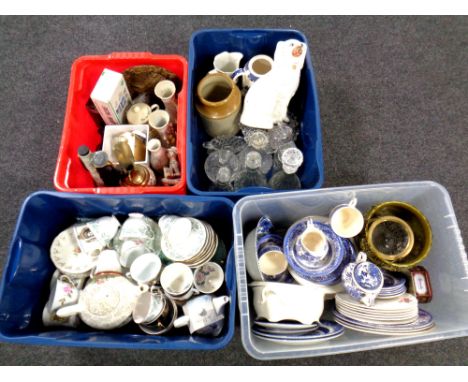 Four crates of assorted pressed glass and ceramics, part English tea services, willow pattern dinner ware, carriage clock, do