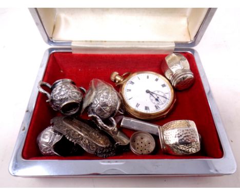 A box of plated pocket watch, silver salt and pepper pots, two silver whisky labels, miniature three piece Chinese tea servic