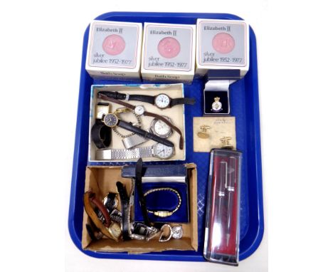A tray of Elizabeth II silver Jubilee bath soaps, vintage lady's and gent's wristwatches, pens, cuff links etc