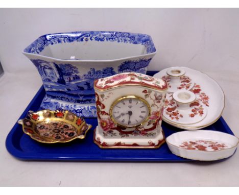 A tray of Spode Italian blue and white planter, Royal Crown Derby shaped Imari pattern dish, Masons Mandalay Red mantel clock